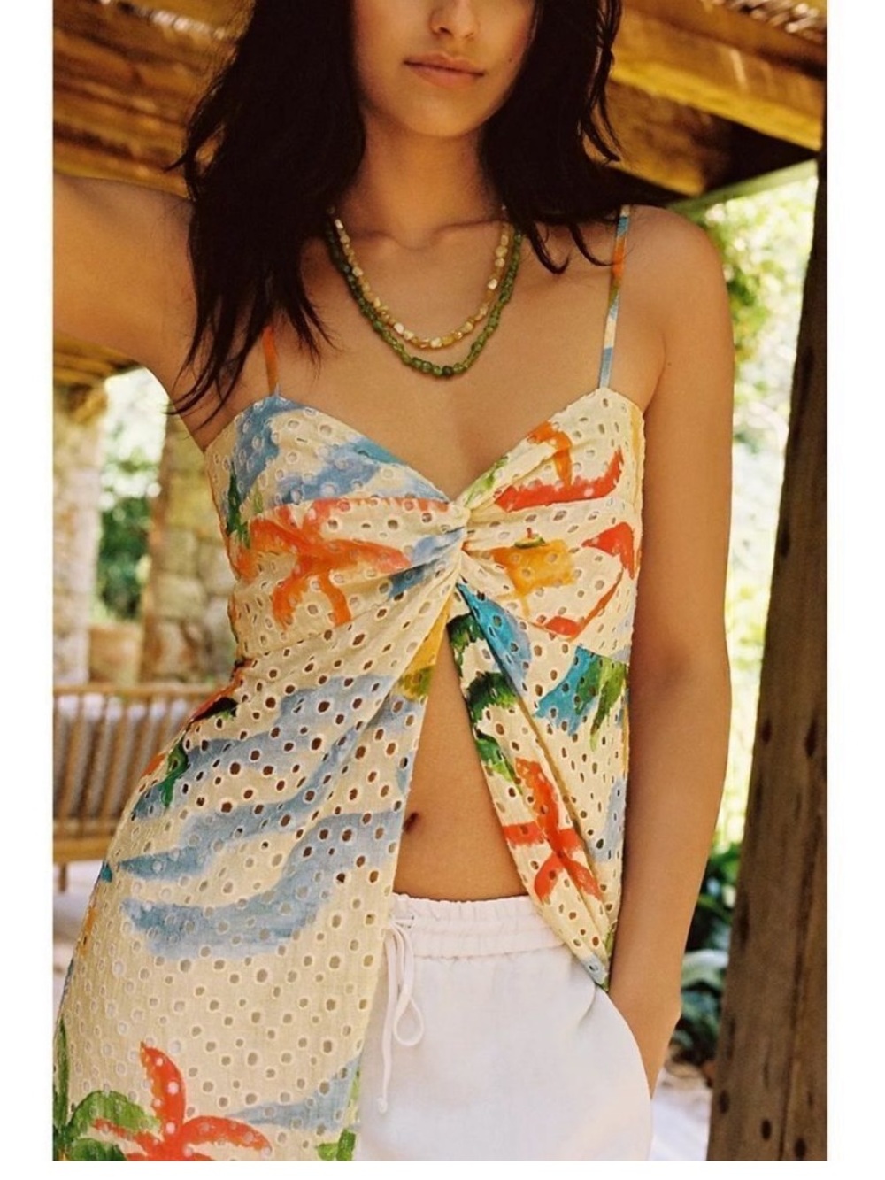 FARM Rio Copacabana Cover Up Eyelet Tropical Print Cream Multicolor  Maxi dress